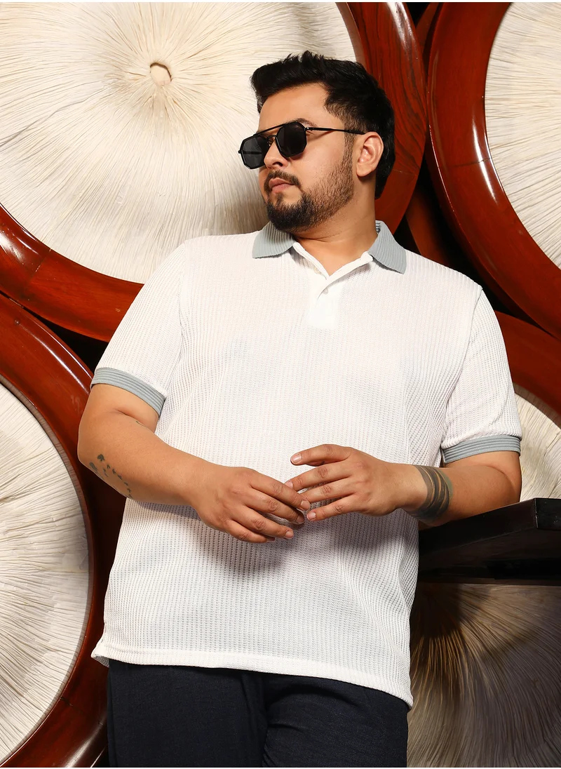 انستافاب بلس Instafab Plus Men's White & Green Contrast Ribbed Polo T-Shirt For Casual Wear | Polo Neck | Short Cuffed Sleeves | Half-Button Closure | Plus Size T-Shirt Crafted With Comfort Fit For Everyday Wear