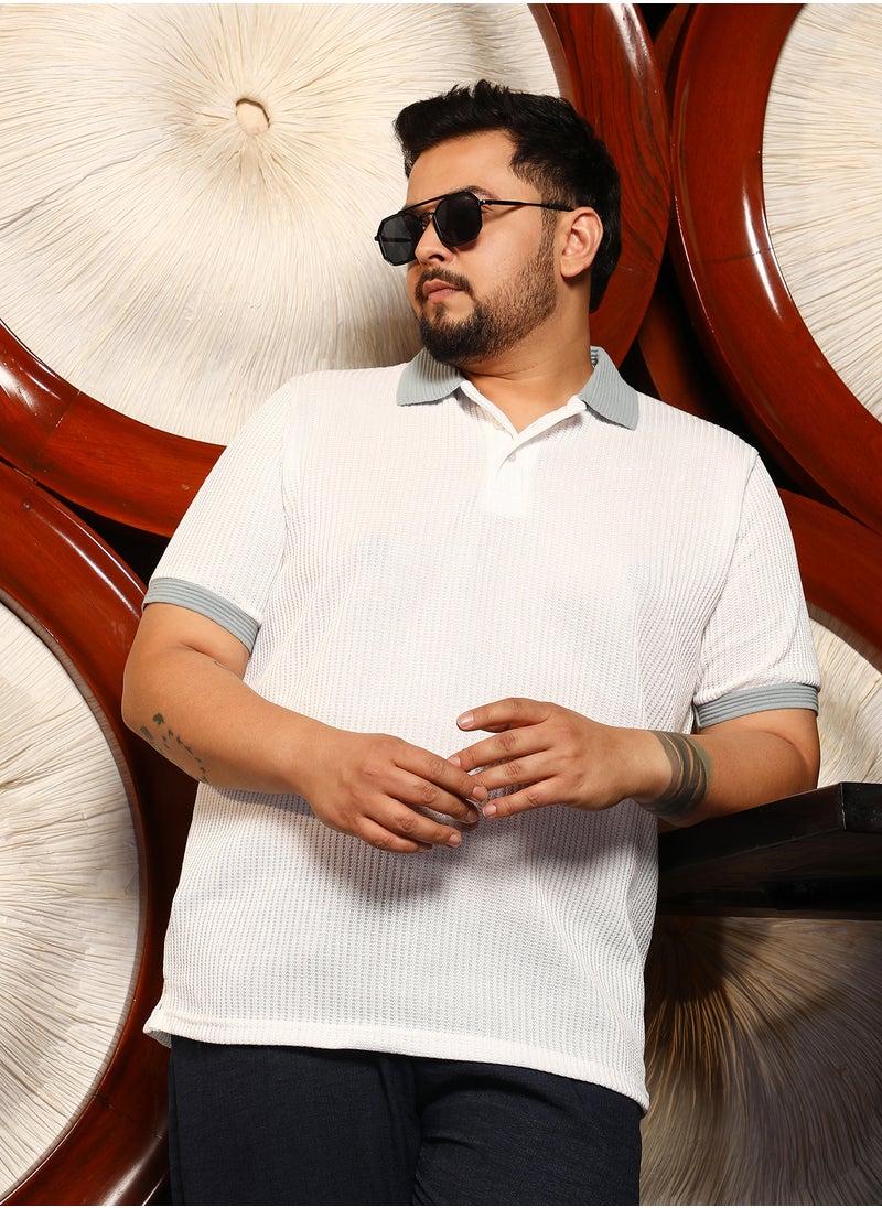 Instafab Plus Instafab Plus Men's White & Green Contrast Ribbed Polo T-Shirt For Casual Wear | Polo Neck | Short Cuffed Sleeves | Half-Button Closure | Plus Size T-Shirt Crafted With Comfort Fit For Everyday Wear  - Image 1