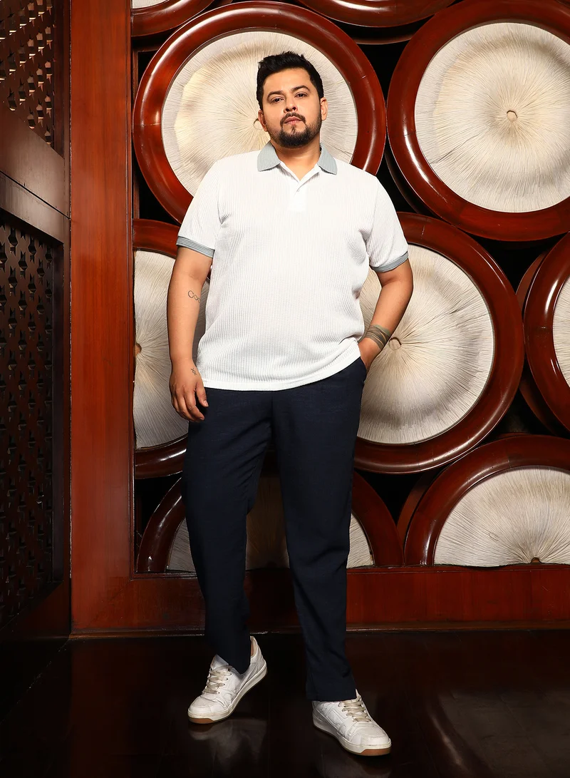Instafab Plus Instafab Plus Men's White & Green Contrast Ribbed Polo T-Shirt For Casual Wear | Polo Neck | Short Cuffed Sleeves | Half-Button Closure | Plus Size T-Shirt Crafted With Comfort Fit For Everyday Wear