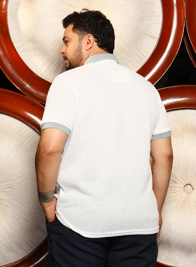 Instafab Plus Instafab Plus Men's White & Green Contrast Ribbed Polo T-Shirt For Casual Wear | Polo Neck | Short Cuffed Sleeves | Half-Button Closure | Plus Size T-Shirt Crafted With Comfort Fit For Everyday Wear