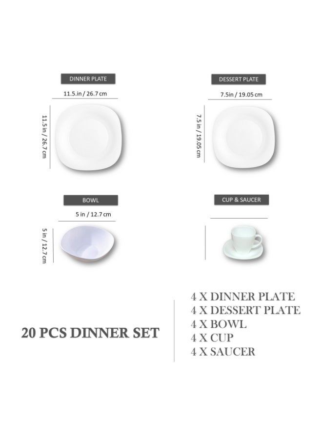 Houzi مجموعة أدوات المائدة من هوزي 20 قطعة من الزجاج الأوبال 4 أطباق عشاء 4 أطباق حلوى 4 سلطانيات 4 أكواب 4 صحون تقديم لـ 4 أشخاص - Image 2