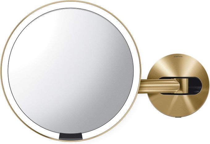 SENSOR MIRROR, WALL MOUNT MAKEUP MIRROR WITH LIGHT, 8" ROUND LIGHTED WITH MAGNIFICATION (5X), HARD WIRED, SWING ARM, BRASS STAINLESS STEEL