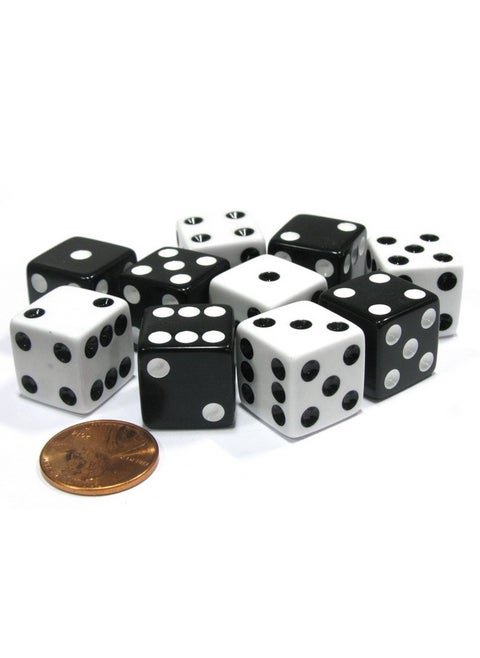 Set of 10 Six Sided 16mm D6 Dice - 5 Black w White Pip and 5 White w Black Pip by Koplow Games