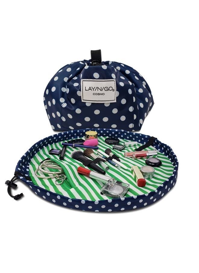 Lay-n-Go Cosmo Drawstring Cosmetic & Makeup Bag Organizer, Toiletry Bag for Travel, Gifts, and Daily Use, 20 inch, Dot (Navy/Green)  - Image 1