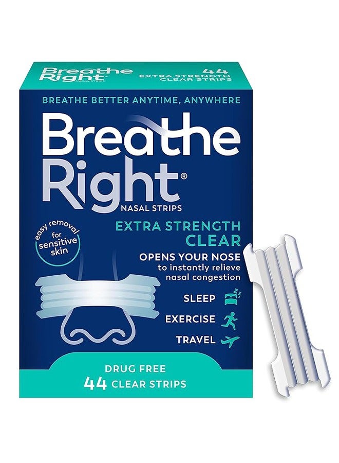 Breathe Right Extra Strength Clear Nasal Strips, Anti-Snoring Patch, Enhanced Adhesion Ventilation Closed Mouth Patch, Nasal Congestion Relief Oral Breathing Patch - 44 Count (Pack of 1) - Image 1