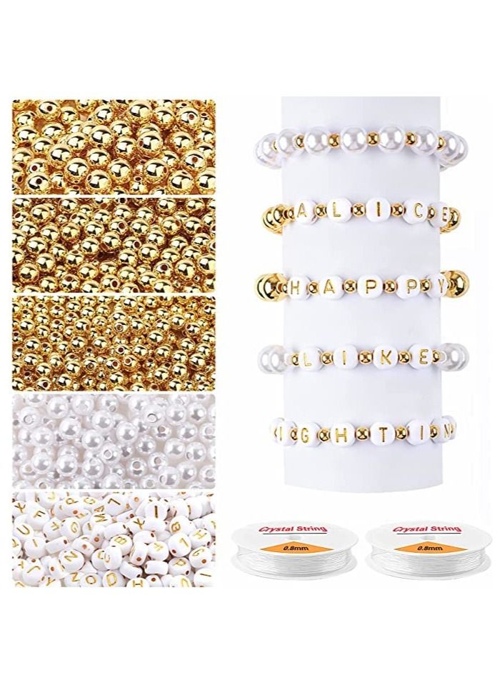 SYOSI 1800Pcs Beads Making Kit Gold Round Spacer Beads Smooth Loose Ball Alphabet White Pearls Beads and 2 Rolls Elastic String for DIY Bracelet Jewelry Craft - Image 1