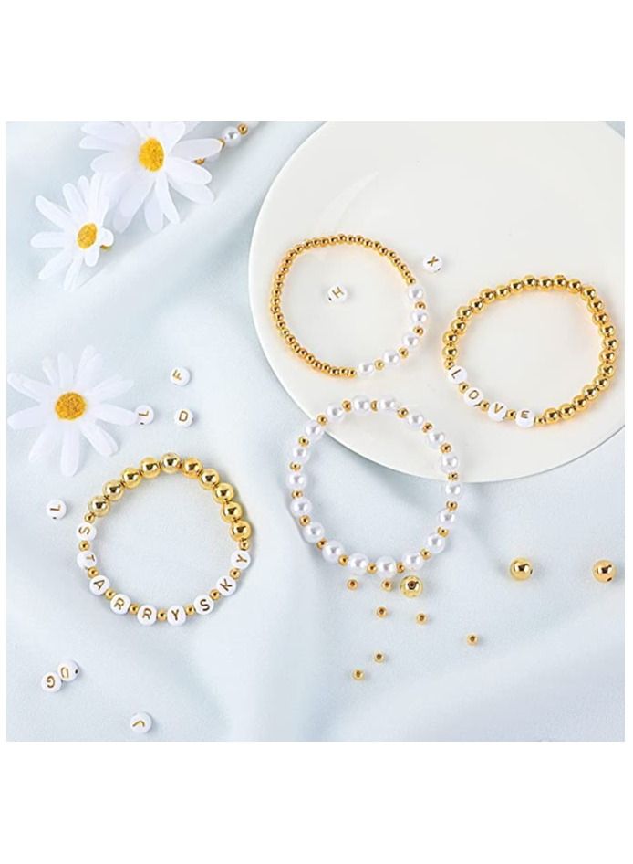 SYOSI 1800Pcs Beads Making Kit Gold Round Spacer Beads Smooth Loose Ball Alphabet White Pearls Beads and 2 Rolls Elastic String for DIY Bracelet Jewelry Craft - Image 5
