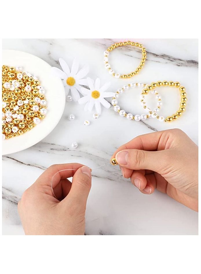 SYOSI 1800Pcs Beads Making Kit Gold Round Spacer Beads Smooth Loose Ball Alphabet White Pearls Beads and 2 Rolls Elastic String for DIY Bracelet Jewelry Craft - Image 4