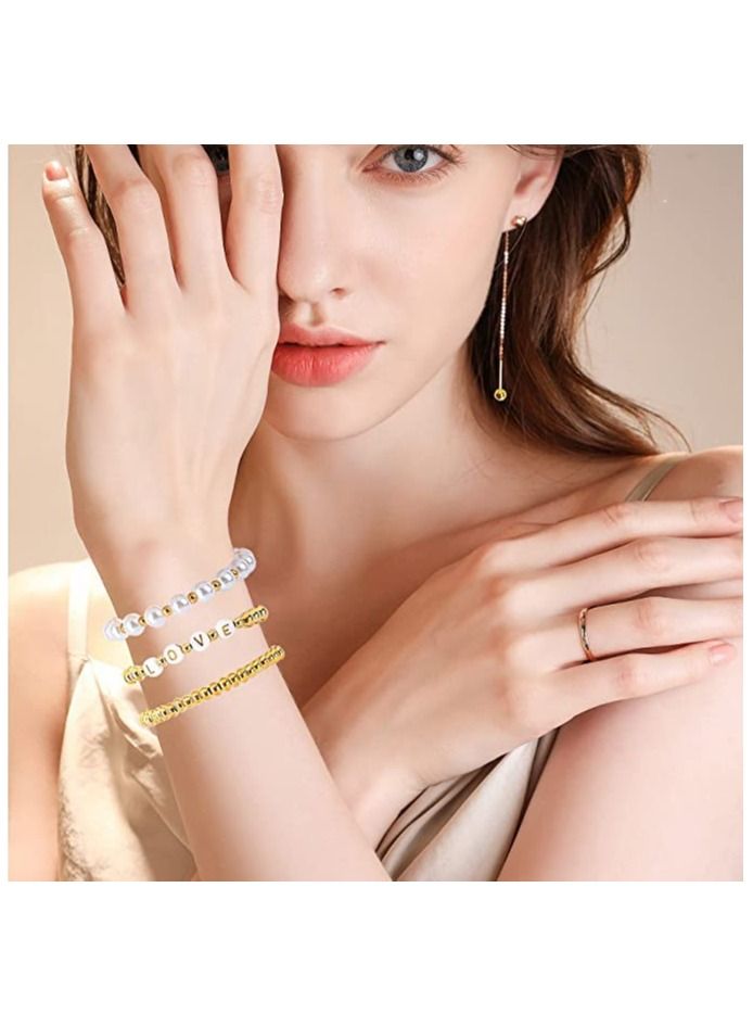 SYOSI 1800Pcs Beads Making Kit Gold Round Spacer Beads Smooth Loose Ball Alphabet White Pearls Beads and 2 Rolls Elastic String for DIY Bracelet Jewelry Craft - Image 2