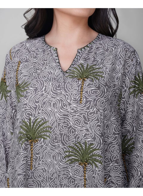 Linelle Ladies Grey Printed Jalabiya – Full-Sleeve Rayon Dress with Thread Detailing on Neck and Sleeves