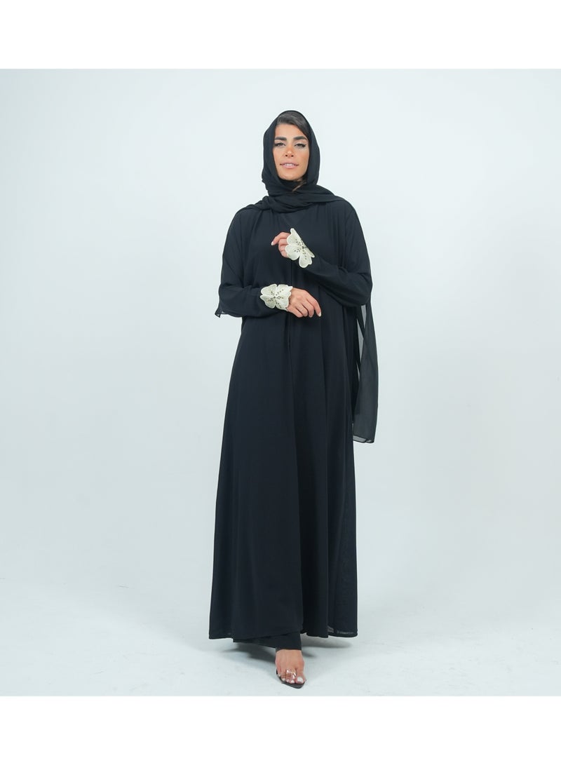روزيت عباية عباية شيفون مزدوجة مزينة بزهرة مطرزة على الأكمام  - Image 4