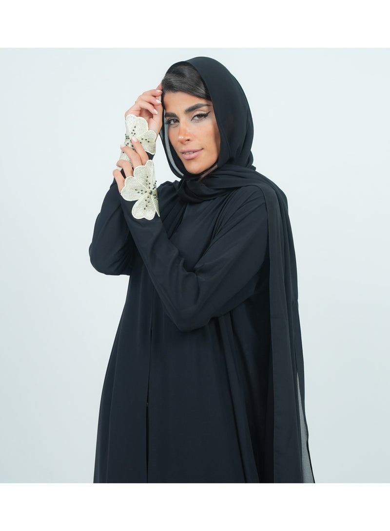 روزيت عباية عباية شيفون مزدوجة مزينة بزهرة مطرزة على الأكمام  - Image 1