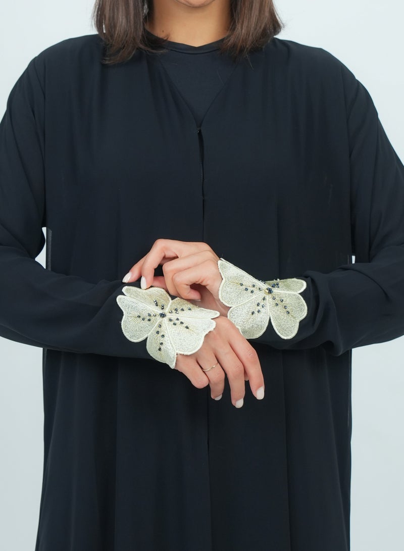 روزيت عباية عباية شيفون مزدوجة مزينة بزهرة مطرزة على الأكمام - Image 2