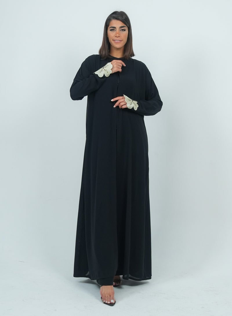 روزيت عباية عباية شيفون مزدوجة مزينة بزهرة مطرزة على الأكمام - Image 5