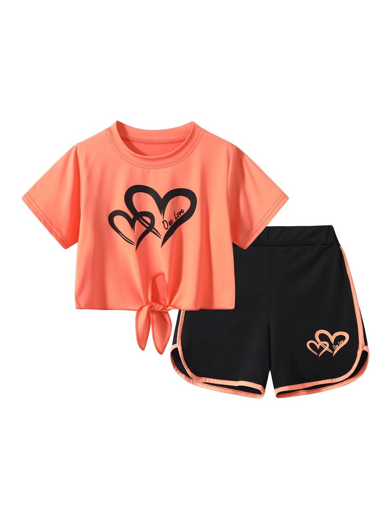 Fdqin Girls 6 Piece Outfit Tie Dye Heart Print Short Sleeve Top and Shorts Set Tie Dye 5-6 Years - Image 3