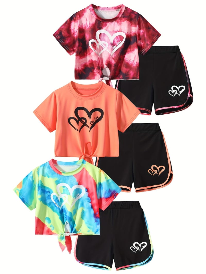 Fdqin Girls 6 Piece Outfit Tie Dye Heart Print Short Sleeve Top and Shorts Set Tie Dye 5-6 Years - Image 1