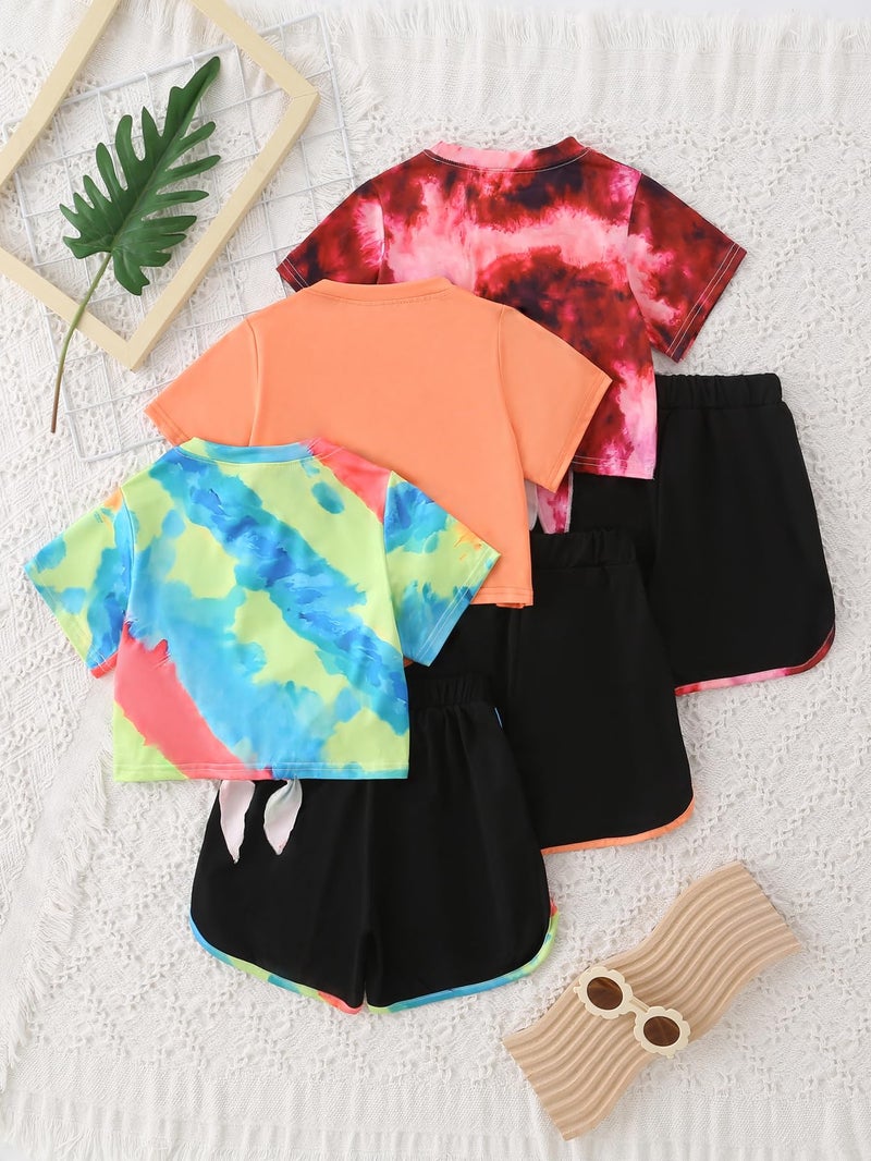 Fdqin Girls 6 Piece Outfit Tie Dye Heart Print Short Sleeve Top and Shorts Set Tie Dye 5-6 Years - Image 2