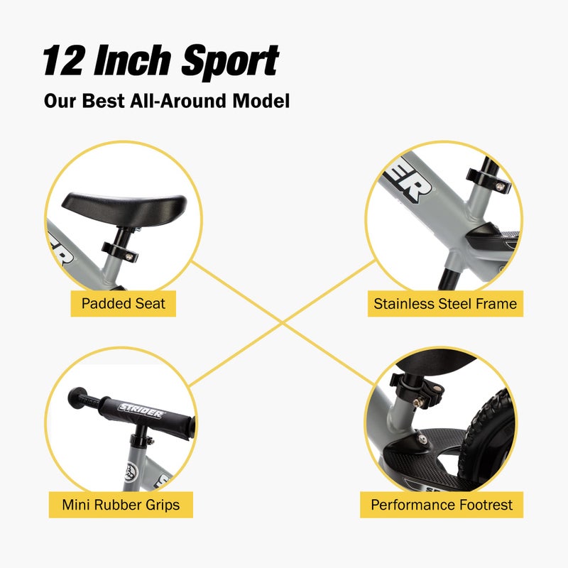 STRIDER دراجة سباق سترادر 12 بوصة، رمادي غير لامع - دراجة توازن بدون دواسات للأطفال من 1 إلى 4 سنوات - تشمل وسادة أمان، مقعد مبطن، مقابض صغيرة وإطارات خالية من الهواء - تجميع وتعديلات بدون أدوات - Image 3