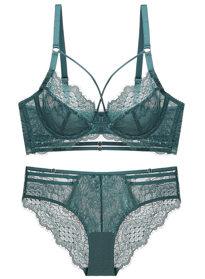 Comfy Ultra Thin Cup 3/4 Cup Lace Bra And Panty Set Dark Green