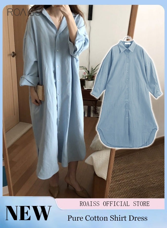 roaiss Women's Casual Cotton Shirt Dress Classic Polo Collar Long Sleeve Button Open Closed Shirt Cardigan Loose Sunscreen Solid Color Dress for Ladies Elegant Temperament Casual Outfit - Image 1