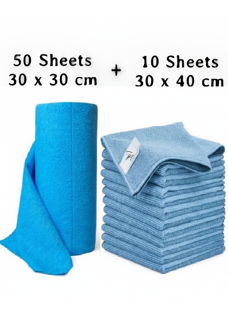 20 20 Planet CARE EVERYDAY Microfiber Cleaning Cloths, Rags Kitchen Towel Dish, Car Wash Kit, Windows, Surface, Bathroom, Absorbent Reusable, All Purpose, Cleaning Supplies - 30 x 40 cm – Blue (Pack of 10) + (50 Sheets Roll) - Image 1
