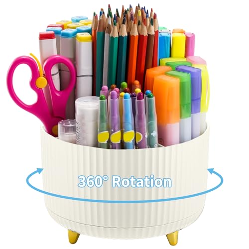 Marbrasse Desk Organizer, 360-Degree Rotating Pen Holder, 5-Compartment Pencil Organizer, Art Supply Storage Box Caddy for Office and Home (Ivory) - Image 1