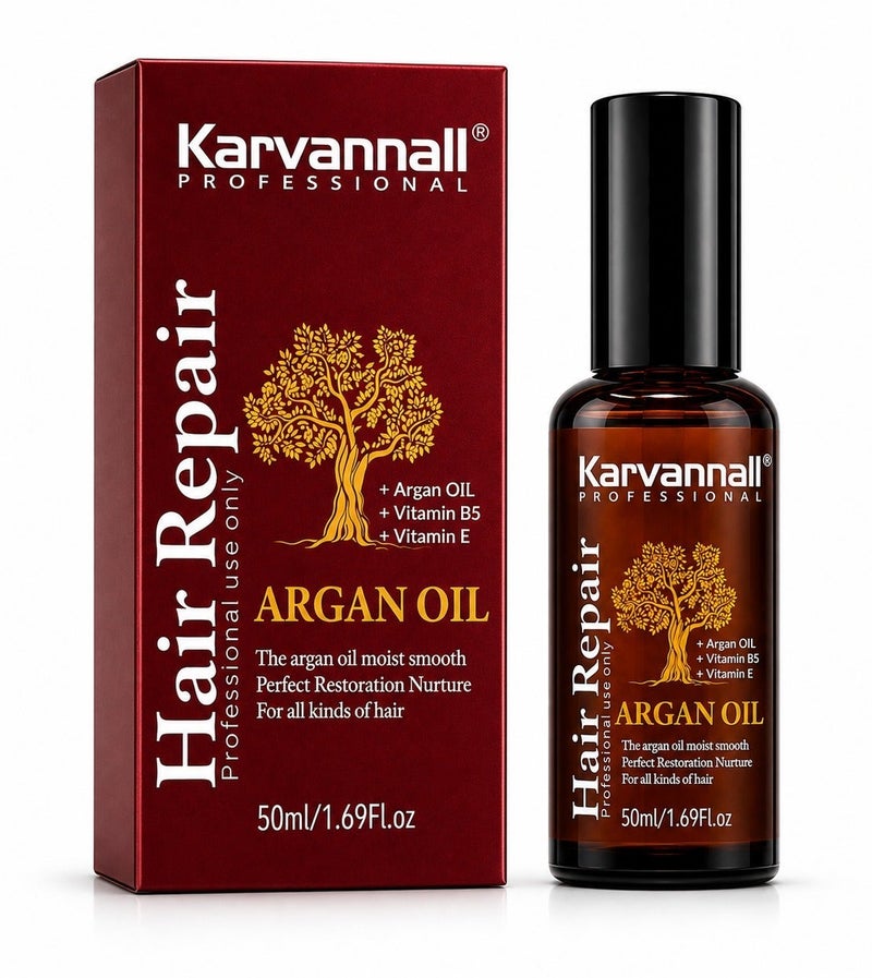 Karvannall سيروم إصلاح الشعر من كارفانال بزيت الأركان مع فيتامين E و B5، 50 مل، يقلل تساقط الشعر، يعزز نمو الشعر، يقلل من تقصف الأطراف، يجعل الشعر ناعماً وحريرياً، لجميع أنواع الشعر - Image 1