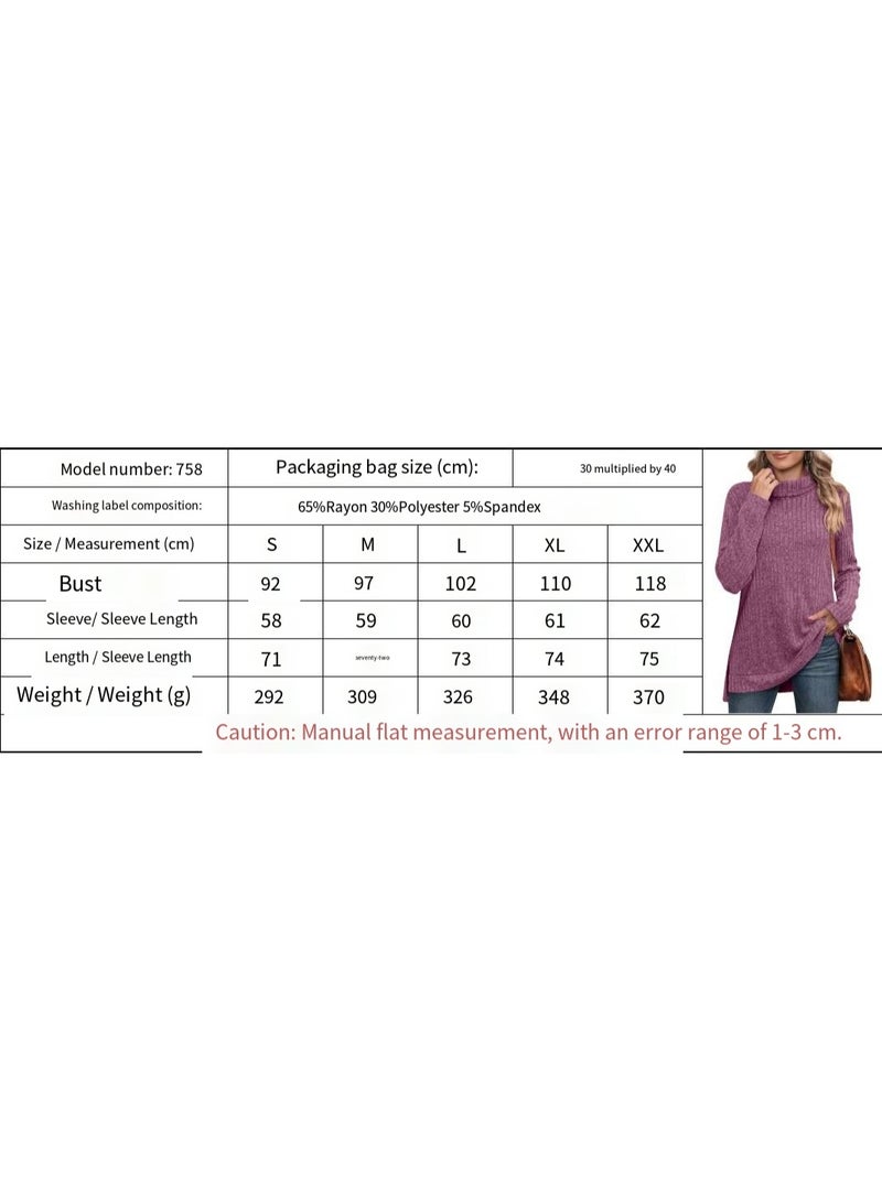 general Women's loose high-neck slit ribbed solid color T-shirt for autumn and winter 2025-2026 - Image 2