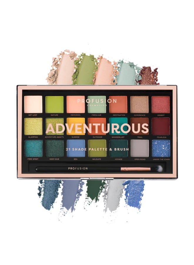 Profusion Cosmetics Adventurous 21 Shade Eyeshadow Palette & Brush - Earthy Tones, Rich Pigments, Blendable Colors - 33.6g - Image 1