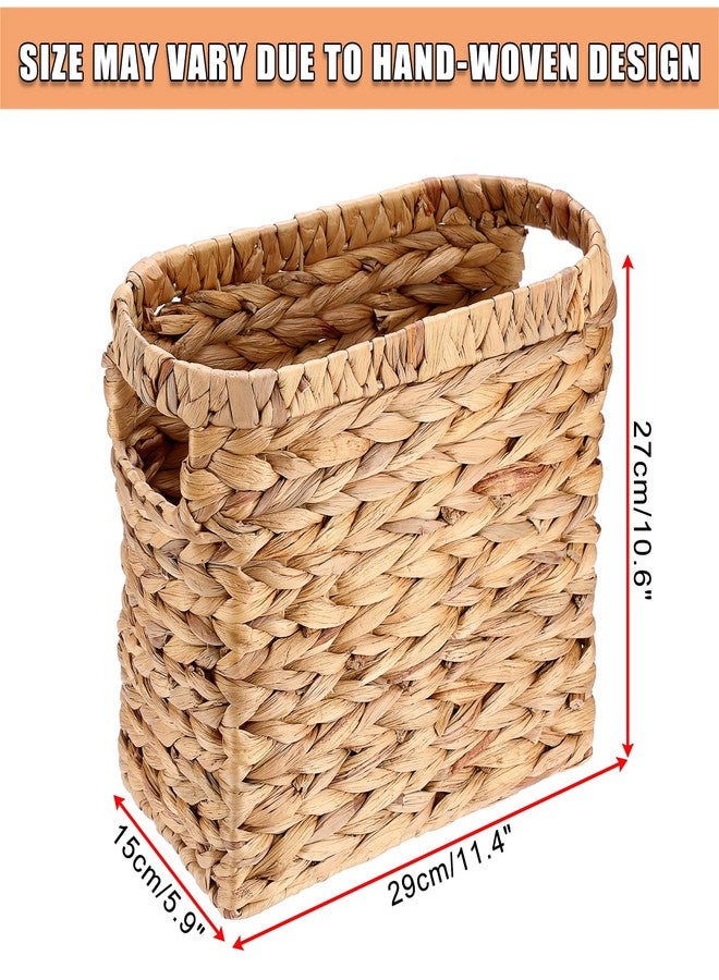 BTSKY Woven Magazine Holder, Water Hyacinth Magazine Basket, Natural Narrow Storage Basket Bin for Books & Files, Magazine Rack with Built-in-Handle for Home, Office & Desk - 11.4x5.9x10.6 Inch - Image 3