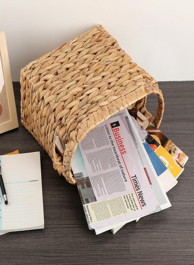 BTSKY Woven Magazine Holder, Water Hyacinth Magazine Basket, Natural Narrow Storage Basket Bin for Books & Files, Magazine Rack with Built-in-Handle for Home, Office & Desk - 11.4x5.9x10.6 Inch - Image 2