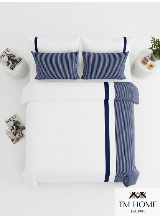 TM HOME Striped Patchwork Duvet Cover Set, 5 Pieces, 100% Natural Cotton, Premium Hotel Quality, Navy Blue - Image 3