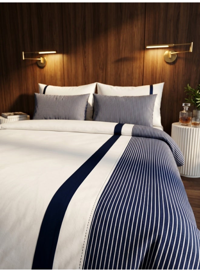 TM HOME Striped Patchwork Duvet Cover Set, 5 Pieces, 100% Natural Cotton, Premium Hotel Quality, Navy Blue - Image 2