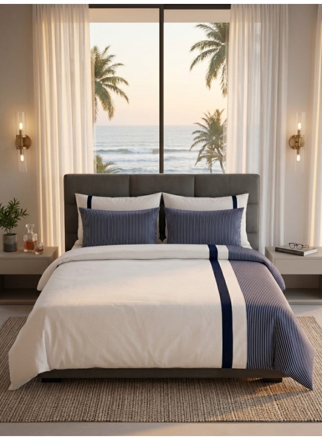 TM HOME Striped Patchwork Duvet Cover Set, 5 Pieces, 100% Natural Cotton, Premium Hotel Quality, Navy Blue - Image 1
