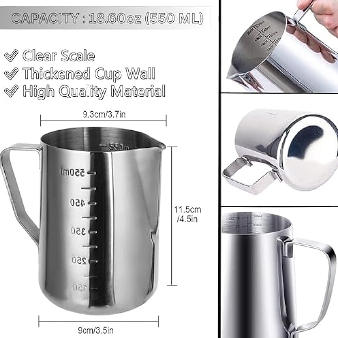 ECVV Stainless Steel Milk Frothing Pitcher 550Ml Coffee Frother Jug For Latte Art Cappuccino Espresso Steaming Milk Cup Barista Tools  Silver - Image 3