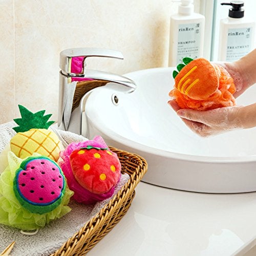 Rocutus 4pcs Child Bath Shower Sponge Pouf Loofahs Mesh Brush Shower Ball Cute Bath Flower with Hooks for Travel (Mixed 3) - Image 3