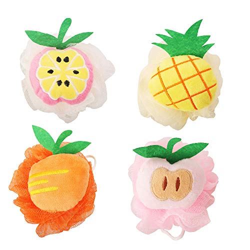 Rocutus 4pcs Child Bath Shower Sponge Pouf Loofahs Mesh Brush Shower Ball Cute Bath Flower with Hooks for Travel (Mixed 3) - Image 1