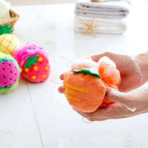 Rocutus 4pcs Child Bath Shower Sponge Pouf Loofahs Mesh Brush Shower Ball Cute Bath Flower with Hooks for Travel (Mixed 3) - Image 5