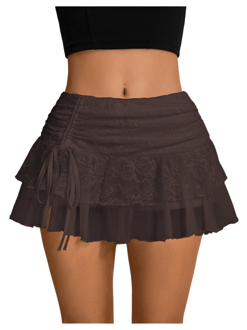 Skirt Y2k Lace Ruffle Mini Mesh High Waist Brown - Image 1