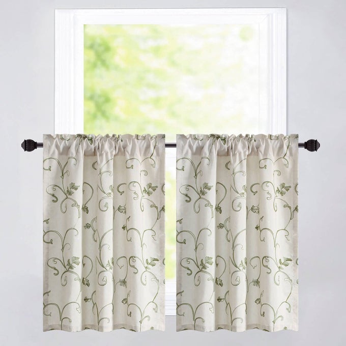KITCHEN TIER CURTAINS GREEN VINES EMBROIDERED FAUX LINEN WINDOW CURTAIN TIER PAIR 36 INCH LONG POCKET VALANCES PANEL DRAPES FOR CAFE SMALL WINDOWS 2 PANELS