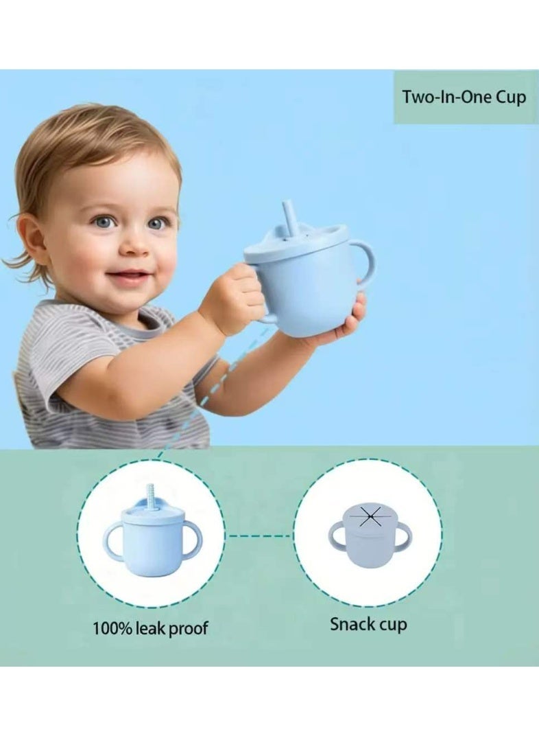 CESETH 7-Piece Baby Silicone Feeding Set | Food-Grade Material Without Bisphenol A, Suction Bowl, Adjustable Soft Silicone Bib, Cup And Wooden Tableware, Two-In-One Water Cup, Suitable For Babies Over 6 Months - Blue - Image 2