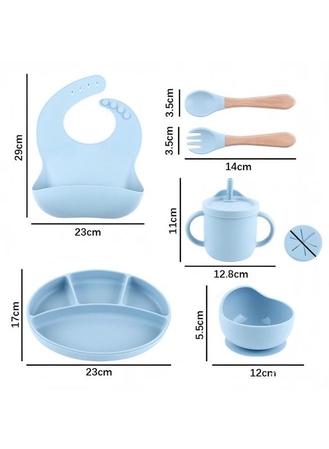 CESETH 7-Piece Baby Silicone Feeding Set | Food-Grade Material Without Bisphenol A, Suction Bowl, Adjustable Soft Silicone Bib, Cup And Wooden Tableware, Two-In-One Water Cup, Suitable For Babies Over 6 Months - Blue - Image 4
