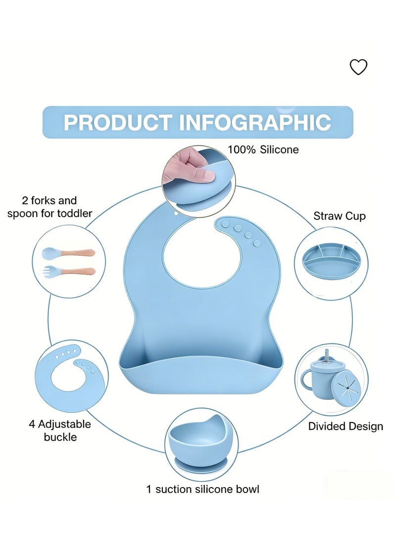 CESETH 7-Piece Baby Silicone Feeding Set | Food-Grade Material Without Bisphenol A, Suction Bowl, Adjustable Soft Silicone Bib, Cup And Wooden Tableware, Two-In-One Water Cup, Suitable For Babies Over 6 Months - Blue - Image 3