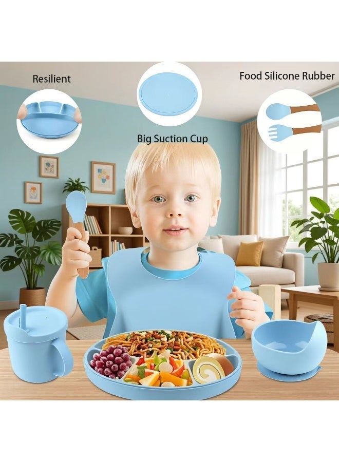 CESETH 7-Piece Baby Silicone Feeding Set | Food-Grade Material Without Bisphenol A, Suction Bowl, Adjustable Soft Silicone Bib, Cup And Wooden Tableware, Two-In-One Water Cup, Suitable For Babies Over 6 Months - Blue - Image 5