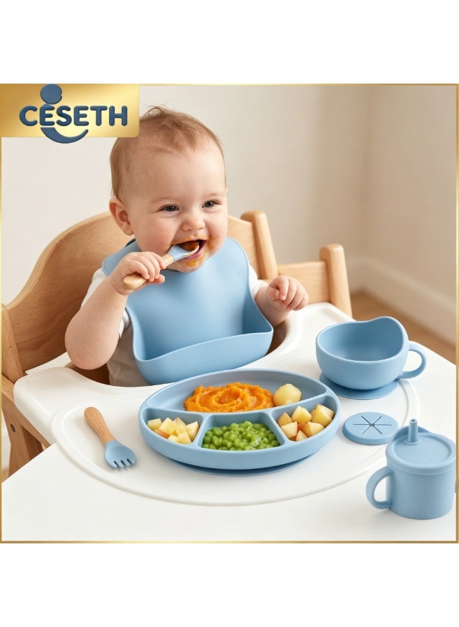 CESETH 7-Piece Baby Silicone Feeding Set | Food-Grade Material Without Bisphenol A, Suction Bowl, Adjustable Soft Silicone Bib, Cup And Wooden Tableware, Two-In-One Water Cup, Suitable For Babies Over 6 Months - Blue - Image 1