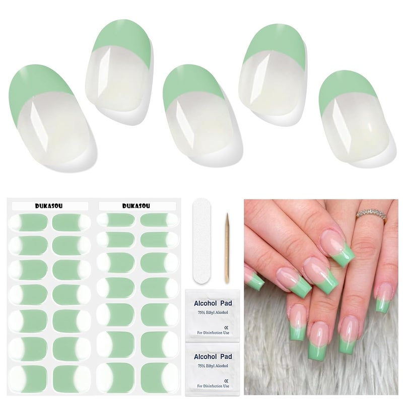 DUKASOU Semi Cured Gel Nail Strips, Green French | 28 pcs Gel Nail Strips Work with Any UV Lamp, Salon Quality UV Gel Nail Stickers, Easy to Apply for Home Nails DIY