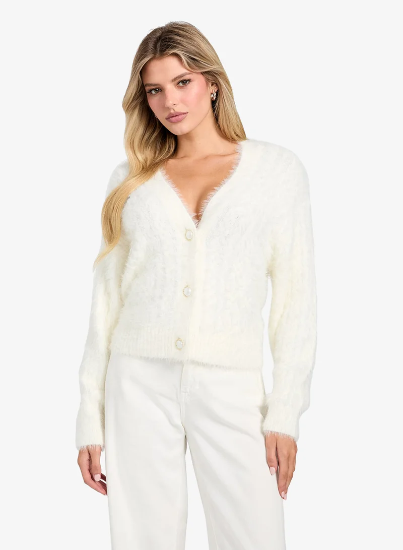 جس Long Sleeve V-Neck Kinako Fuzzy Cardigan