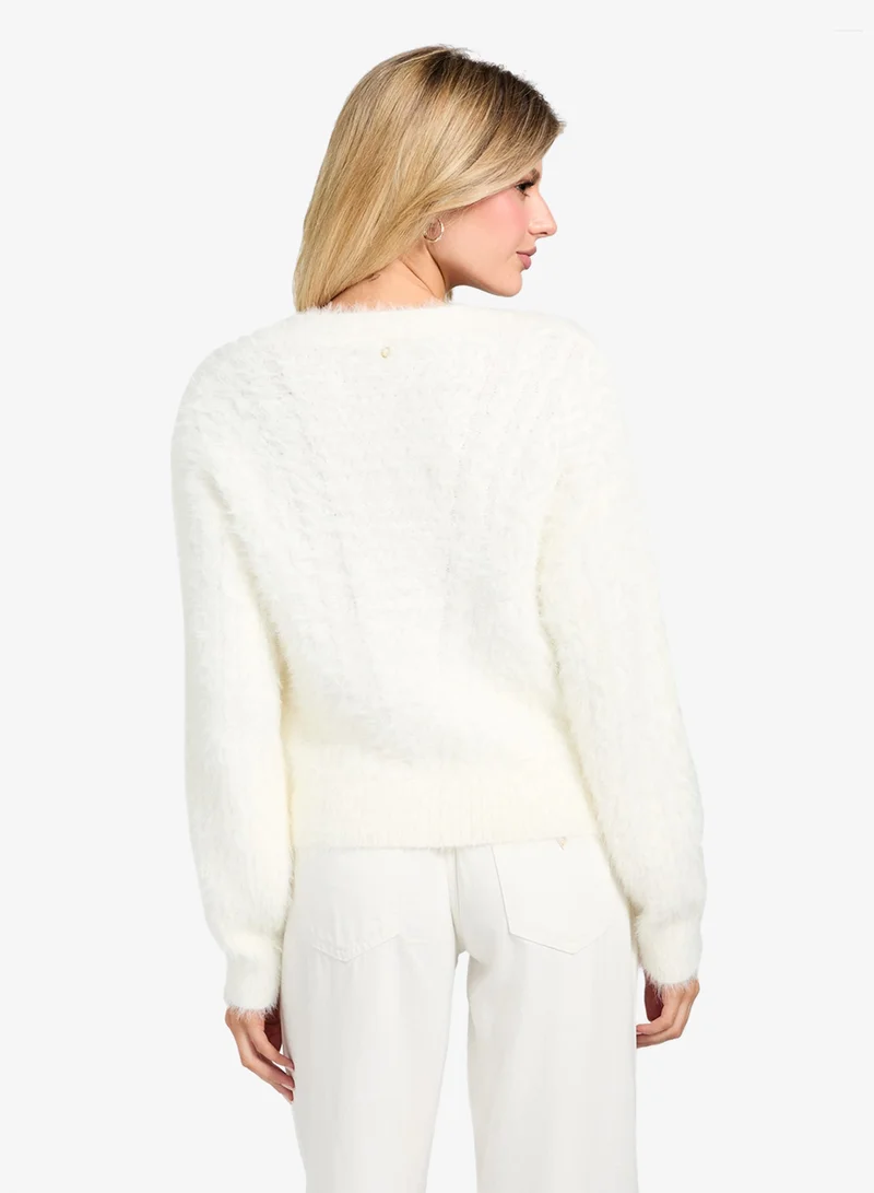 جس Long Sleeve V-Neck Kinako Fuzzy Cardigan