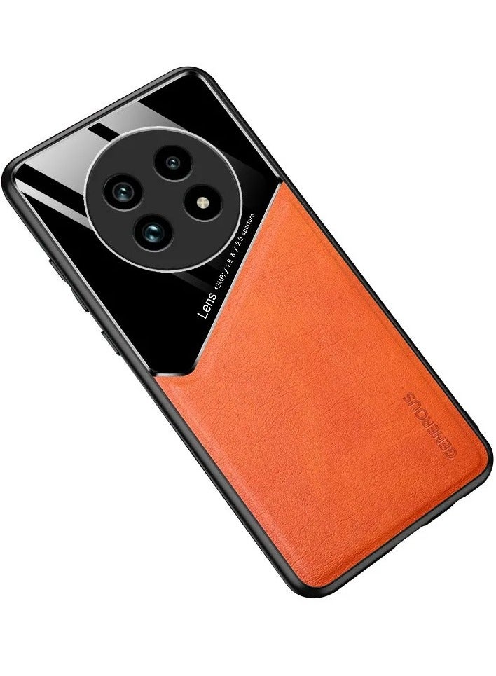 Case Compatible With Realme 13 Pro/13 Pro Plus, Cover Luxury Leather And Glass With Car Magnetic Holder Phone Cover Soft Frame Silicone - Orange - Image 1