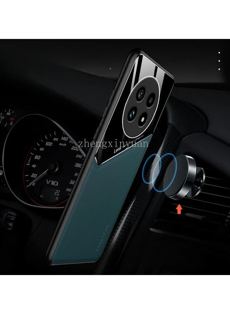 Case Compatible With Realme 13 Pro/13 Pro Plus, Cover Luxury Leather And Glass With Car Magnetic Holder Phone Cover Soft Frame Silicone - Orange - Image 3